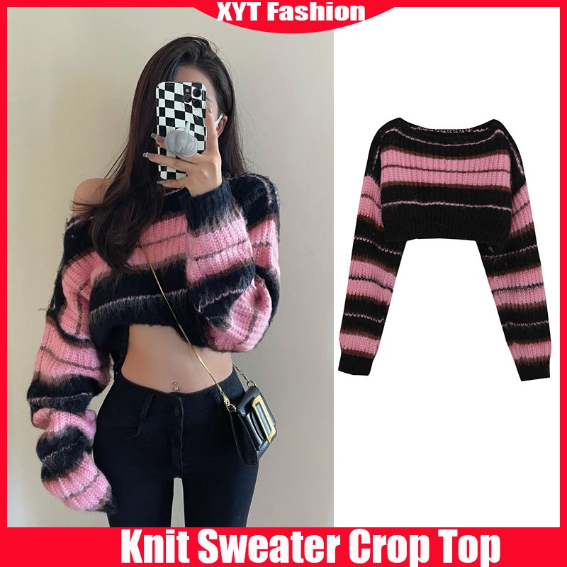 Áo Croptop Dệt Kim Tay Dài Dáng Rộng Thiết Kế Trễ Vai Hợp Thời Trang