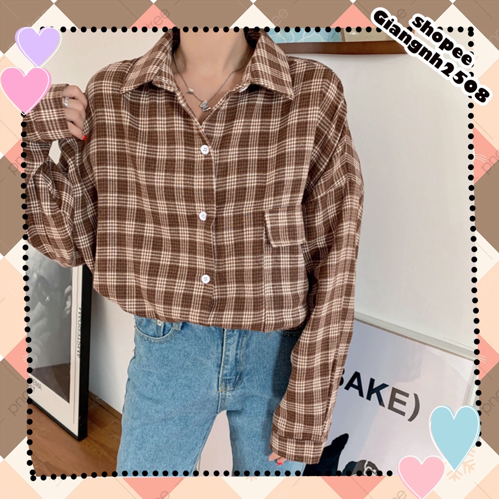 A011 Áo sơ mi kẻ caro oversize nam nữ vintage dài tay ulzzang, áo khoác chống nắng cỡ rộng tay phồng phong cách Hàn Quốc