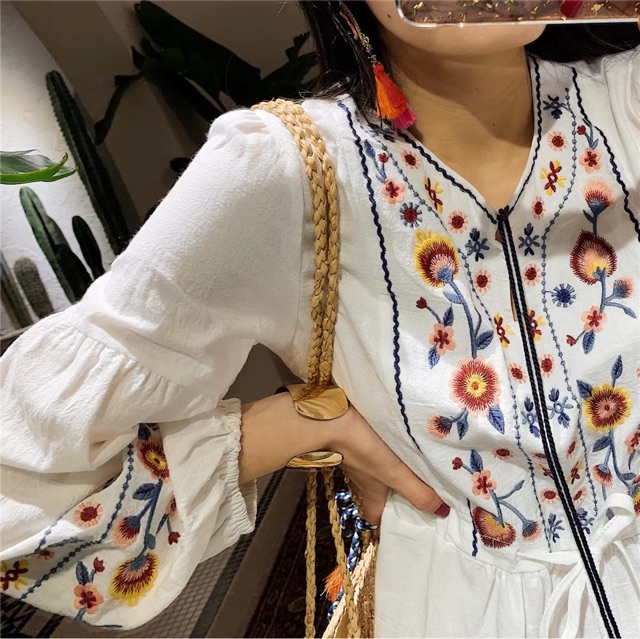 Đầm Váy Thổ Cẩm Trắng Boho Vintage