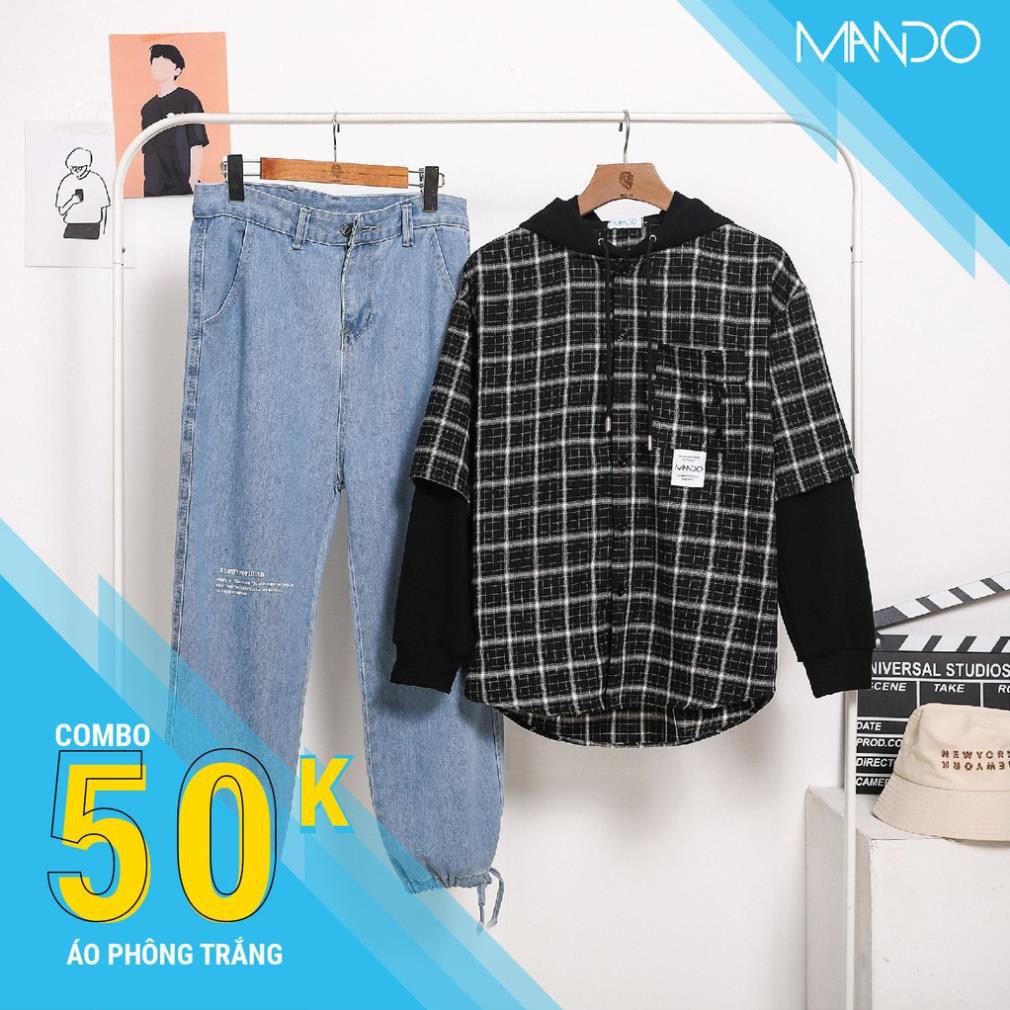 Áo Sơ Mi Nam Caro Khoác Ngoài Có Mũ Dài Tay Mix Áo Phông Trắng Hottrend Form Rộng Unisex MANDO Hot Nhất 2020-SMD070 . ཾ