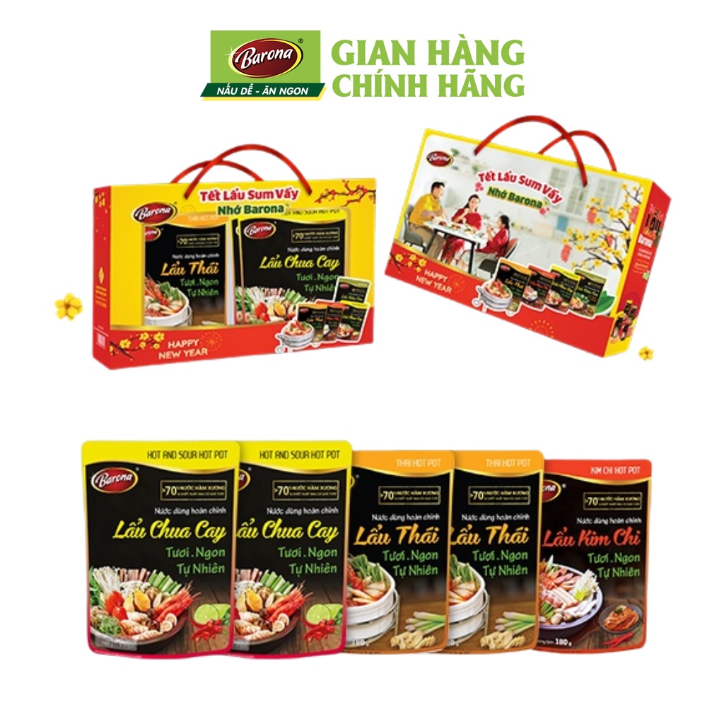 Nước Dùng Lẩu Barona 180g, combo 2 gói Lẩu Thái, 2 gói Lẩu Chua Cay, 1 gói Lẩu Kim Chi (TẶNG KÈM HỘP XUÂN)
