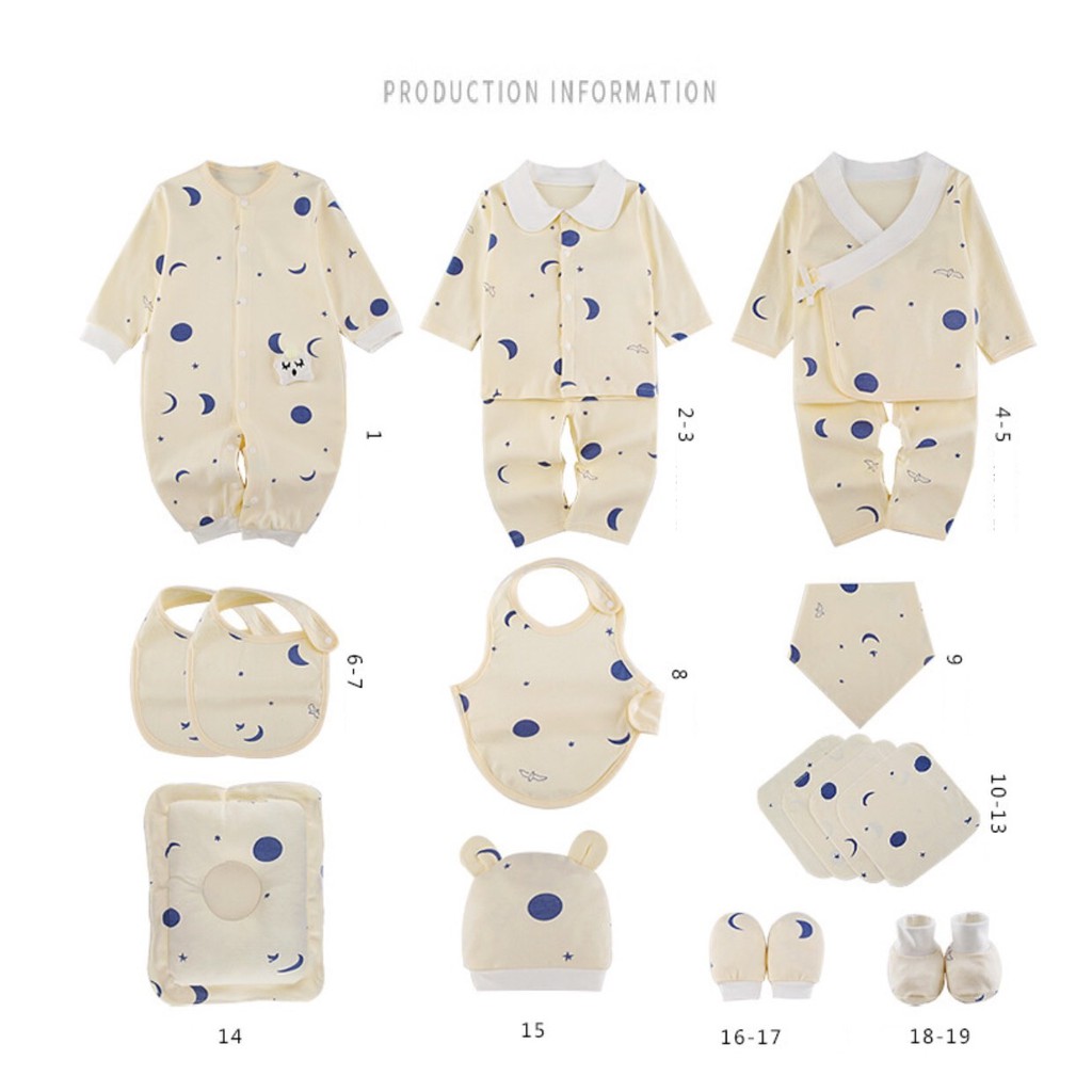 Set đồ sơ sinh hoạ tiết trăng sao - 19 chi tiết - có hộp túi quà tặng sang trọng
