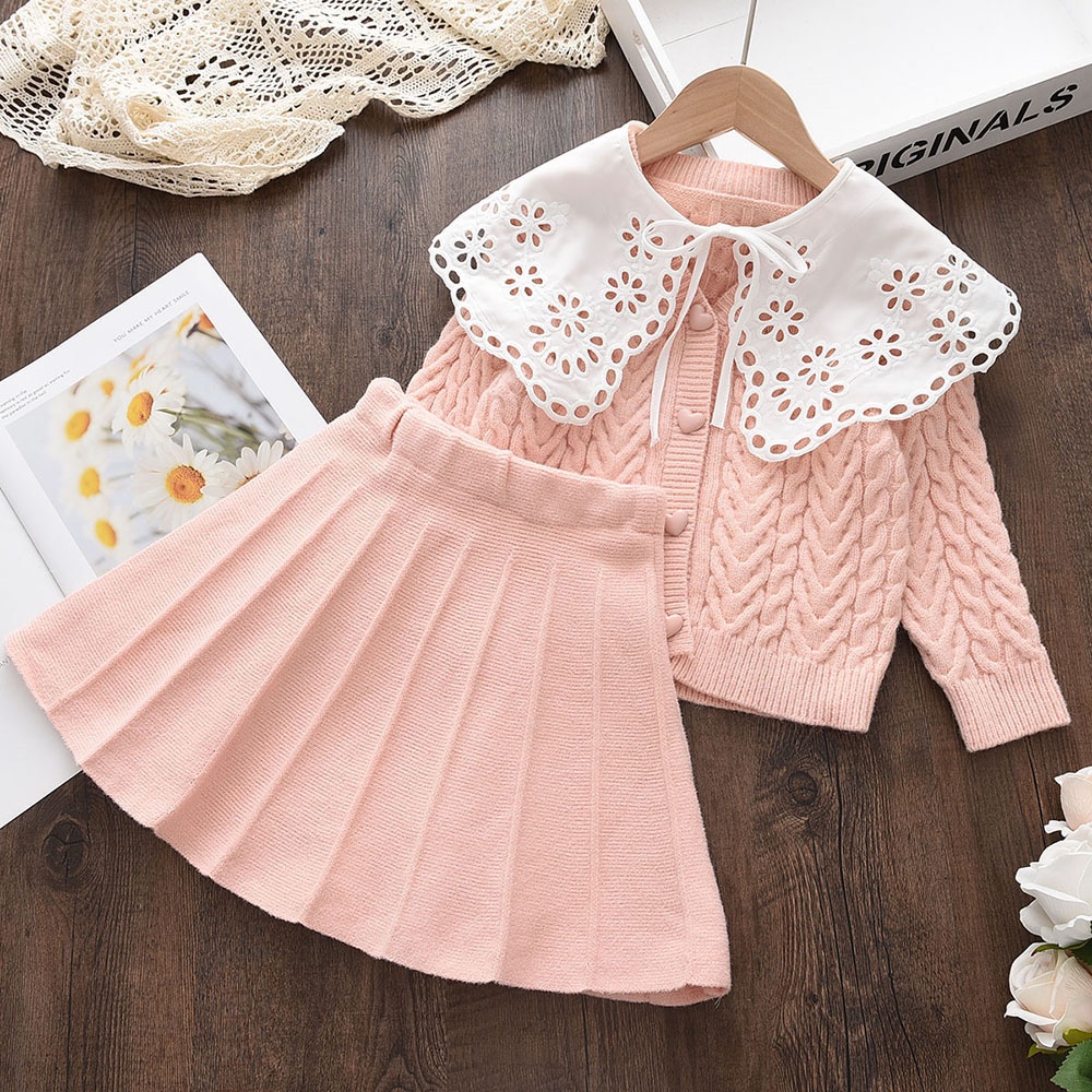 BEAR LEADER Bộ Áo Khoác Cardigan Len 2 Món Phối Đầm Ren Thời Trang Thu Đông Cho Bé Gái 2-6 Tuổi