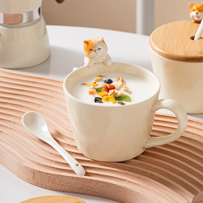 Cốc Sứ Uống Cà Phê Có Nắp Đậy Hình Mèo Hoạt Hình Dễ Thương Sáng Tạo