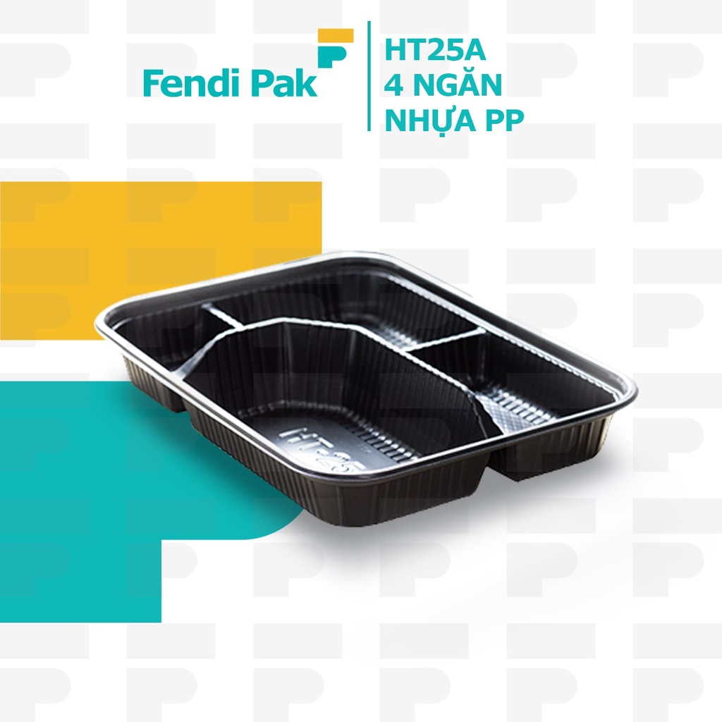 125 hộp nhựa đế đen nắp trong HT25A, hộp nhựa dùng 1 lần đựng cơm thực phẩm Fendi Pak 4 ngăn nhựa PP.