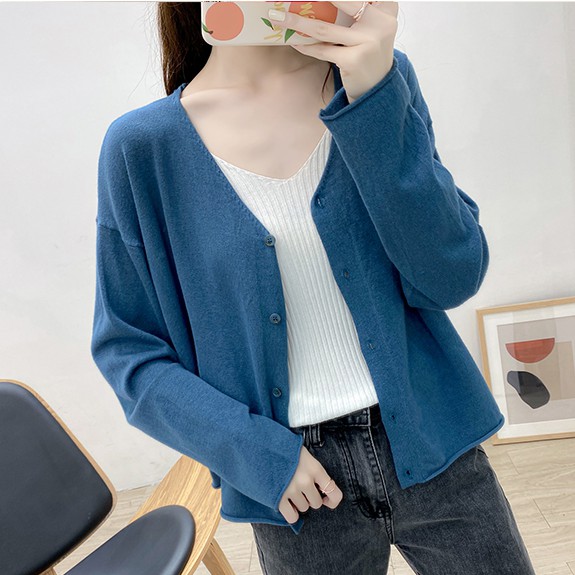 Áo khoác cardigan len đan cổ chữ V đơn giản trẻ trung cho nữ hàng Quảng Châu