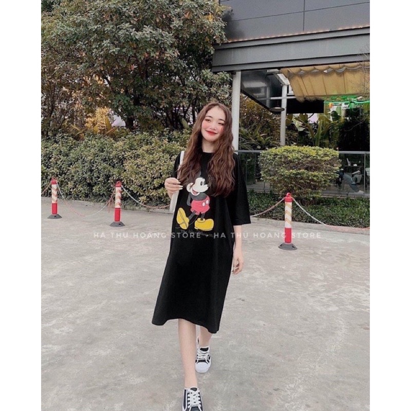 Đầm Vintage 3 Màu Đen Cam Trắng . Váy Xuông Tay Lỡ In Hình Micky Form Rộng Cá Tính Ulzzang
