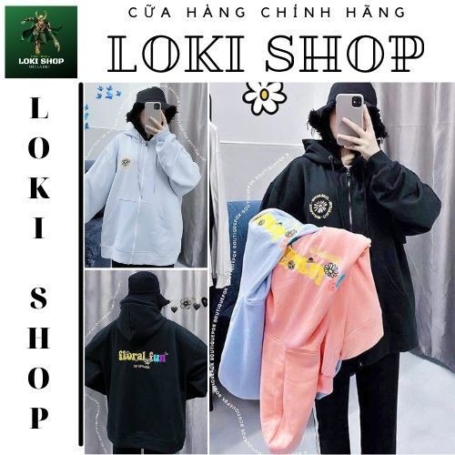 Áo khoác hoodie nỉ Chống nắng dành cho nam nữ LOKI SHOP Có Dây Kéo,Unisex Form rộng in Floral Fun