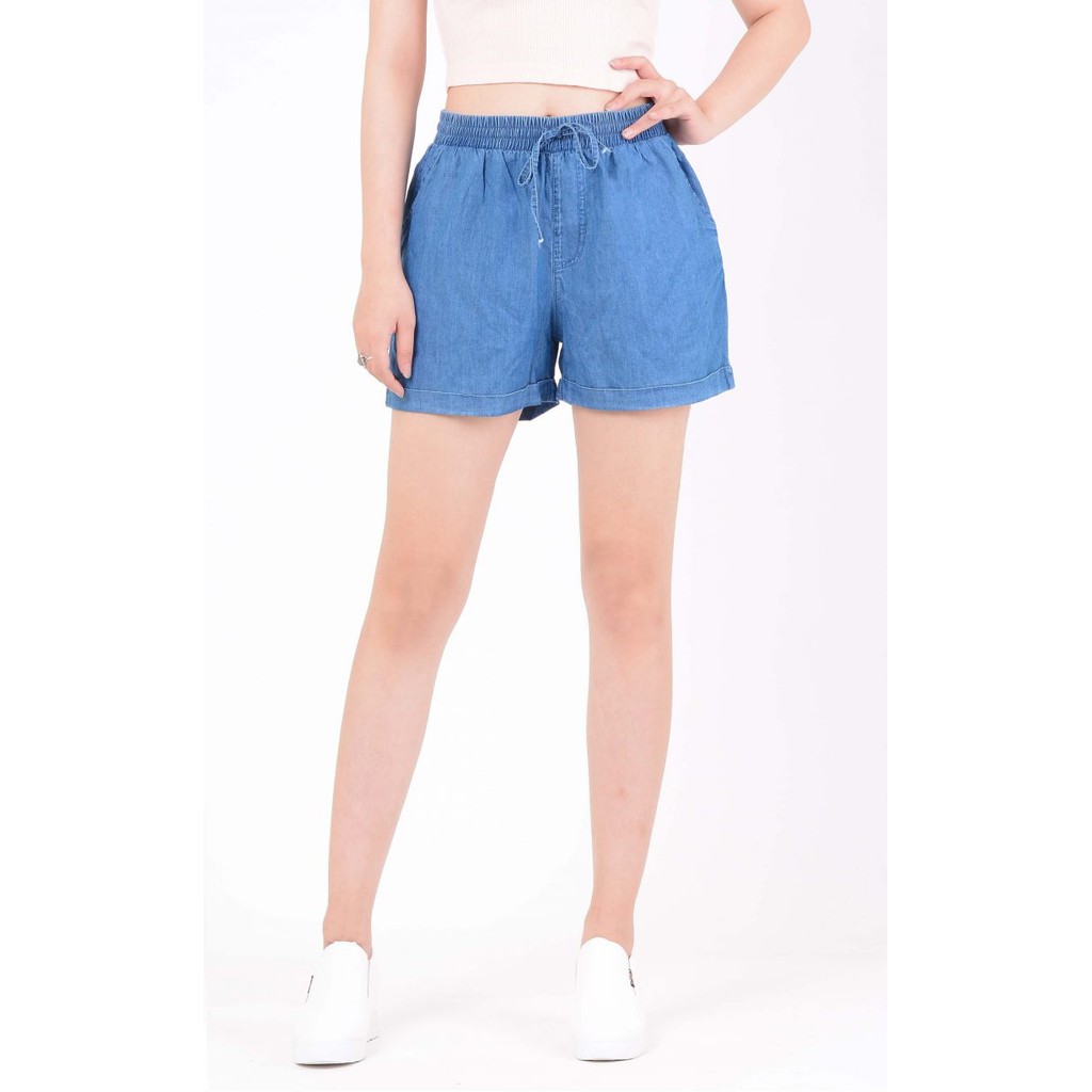 Quần sọt jean nữ lưng thun vải co giãn thắt dây nơ