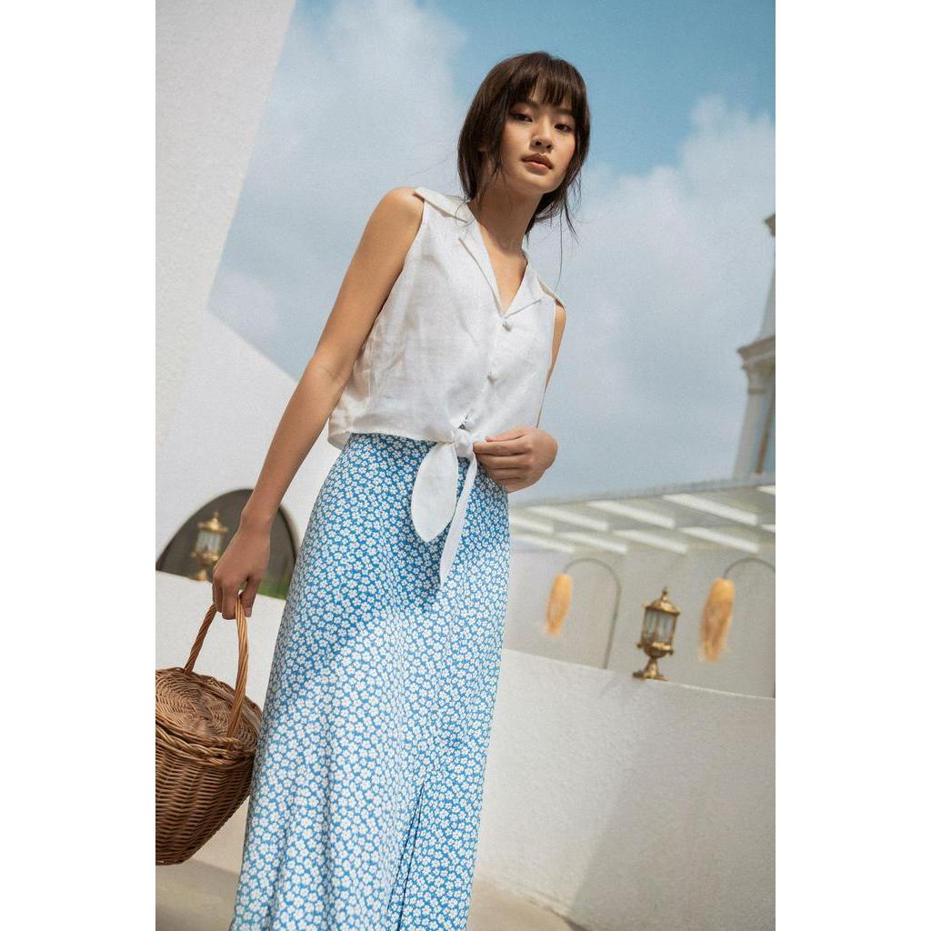 Áo sơ mi có cổ dáng crop nữ YV LE &amp; CO vải Linen màu trắng thanh lịch
