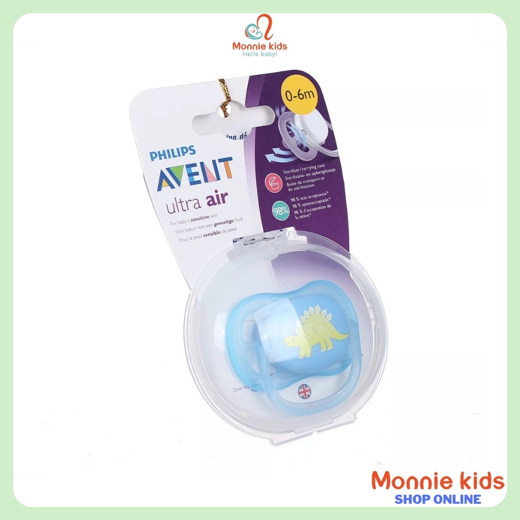 Ti giả cho bé Avent Ultra Air hình khủng long, ty giả thông khí silicone cao cấp 0-6M - Monnie Kids