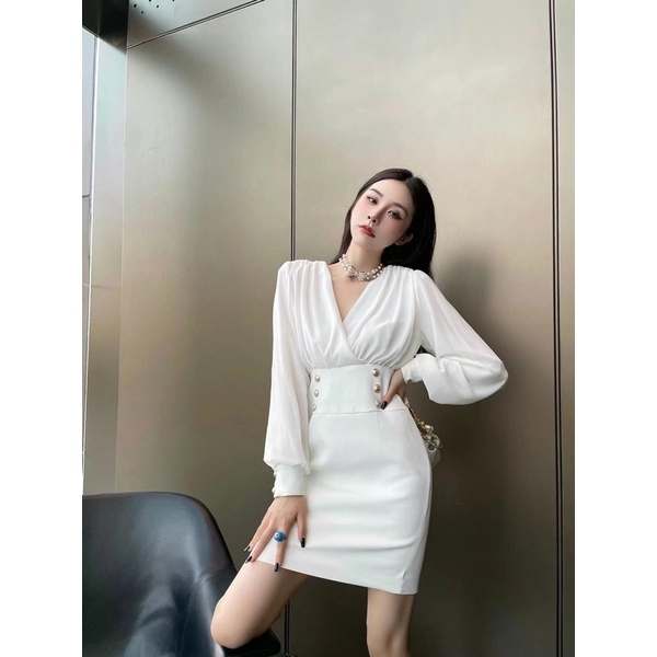 Váy cúc eo Balmain màu trắng đen hàng Quảng Châu cao cấp