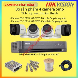 Trọn bộ 4 Camera 5Mp Hikvision Chính hãng tích hợp mic ghi âm, đầy đủ phụ kiện lắp đặt