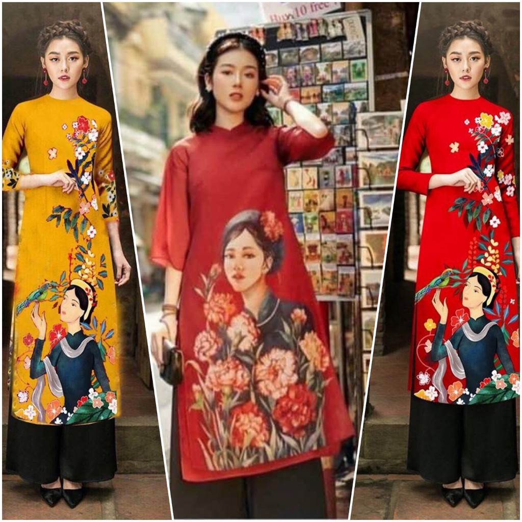 Set áo dài họa tiết cô gái  DV10 full size M/L/XL/XXL