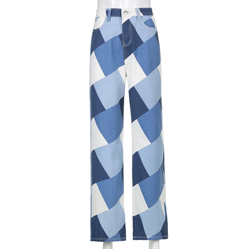 Ins Style Women Plaid Print Wide-Leg Pants Jeans