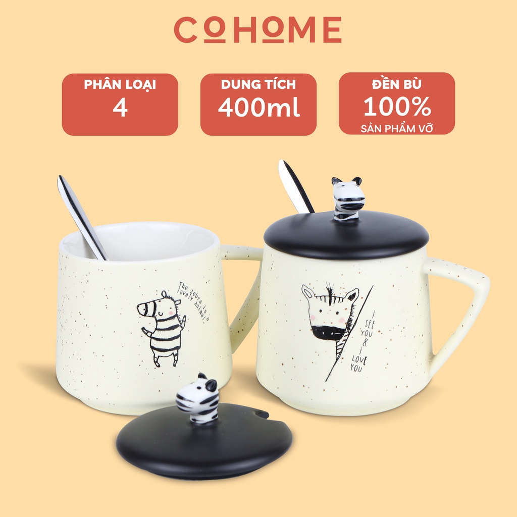 Cốc uống nước dễ thương hình ngựa vằn có nắp 400ml, ly sứ phù hợp làm decor, quà tặng