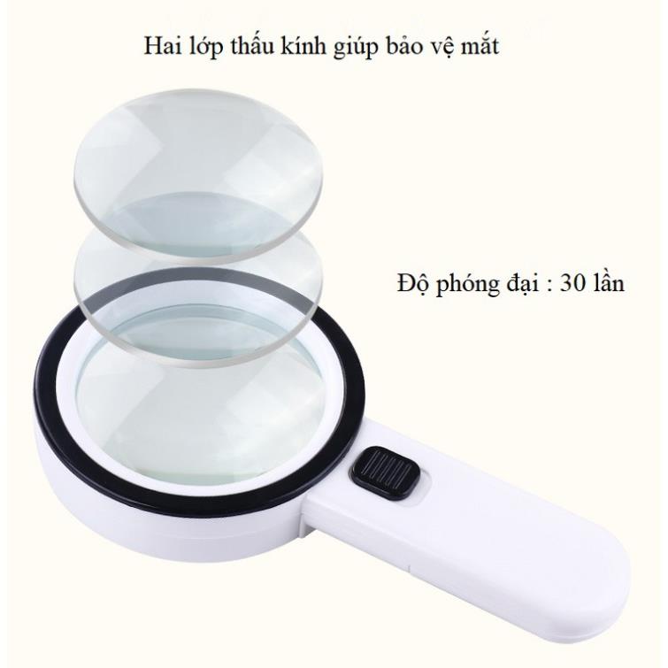 Kính lúp chuyên dụng đọc sách báo, sửa chữa... 30x cầm tay tích hợp 12 đèn led siêu sáng K288