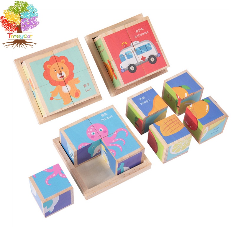 Set đồ chơi khối gỗ xếp hình TREEYEAR 6 trong 1 hoạt hình vui nhộn đáng yêu dành cho trẻ em