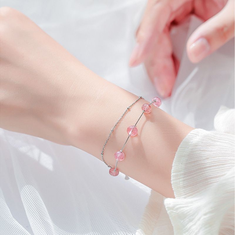 Lắc tay bạc nữ S925 - Vòng tay nữ bạc Ý đá hồng dâu 2 lớp nhẹ nhàng nữ tính Vườn Trang Sức