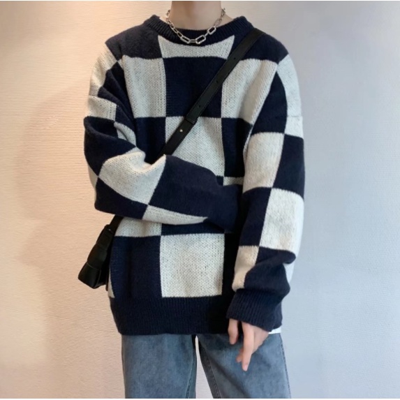 Áo Sweater Cổ Tròn Dáng Rộng Họa Tiết Sọc Caro Thời Trang Cho Nam simple áo thun nam tay dài Hàn Quốc áo thun nam đẹp dài tay fashion áo thun tay lỡ form rộng