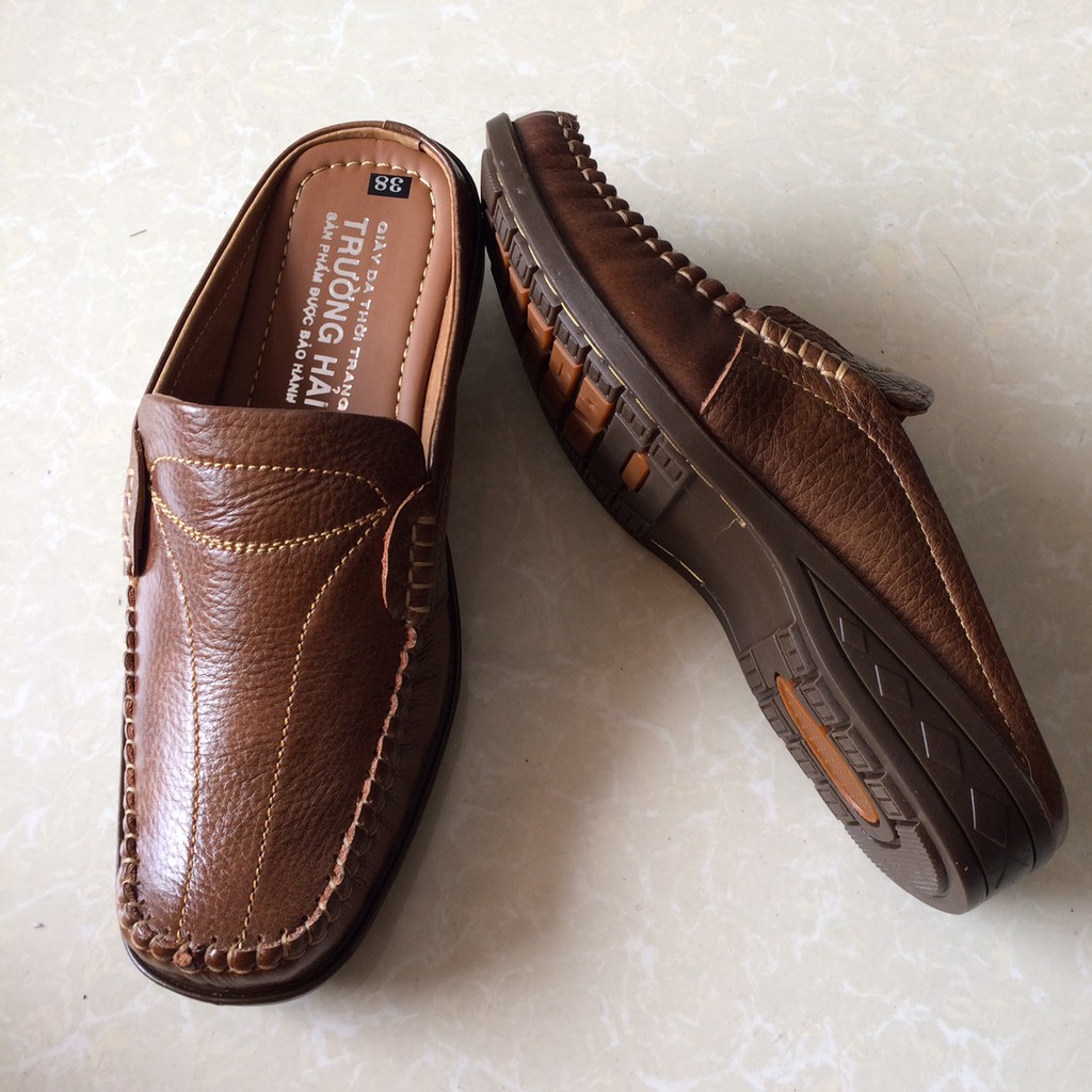 Dép bít mũi nam da bò thật màu vàng Trường Hải