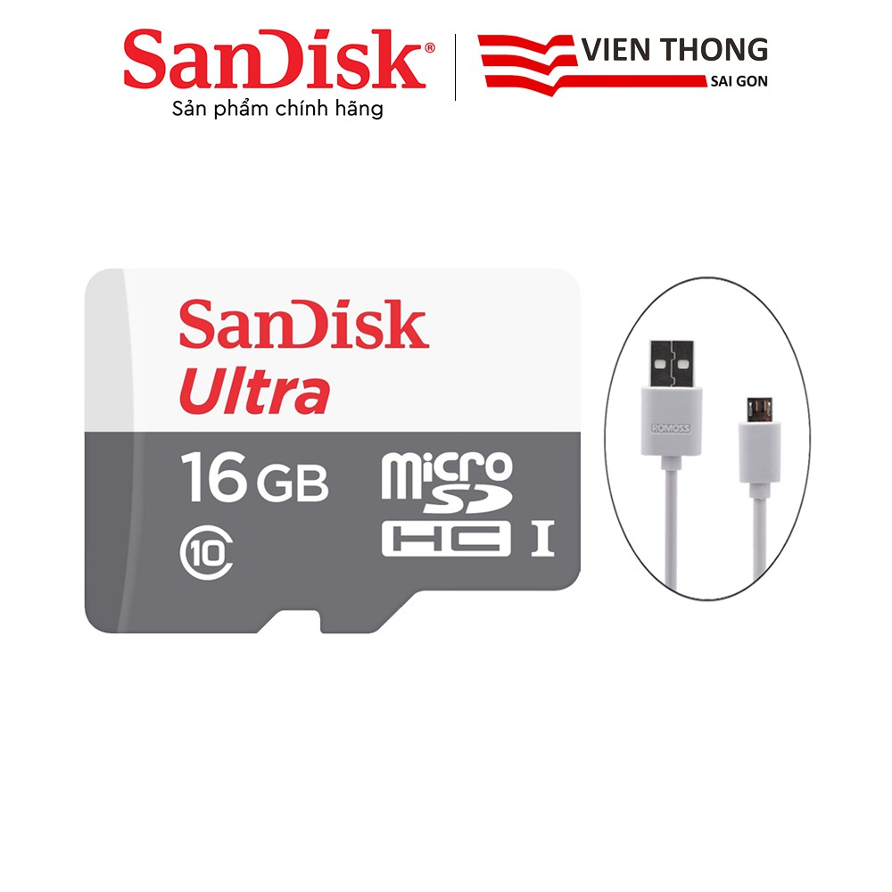Thẻ nhớ micro SDHC Sandisk 16GB Ultra 533X upto 80MB/s + Cáp micro USB tròn CB05 Romoss