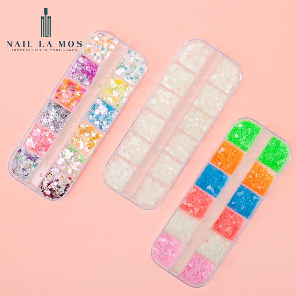 Set 12 ô nhũ dạ quang đa dạng chủ đề đắp ẩn gel theo phong cách Hàn Nhật