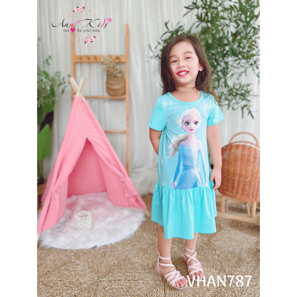 Váy bé gái chất cotton mịn in elsa 3D.dáng váy suông đuôi cá siêu xinh