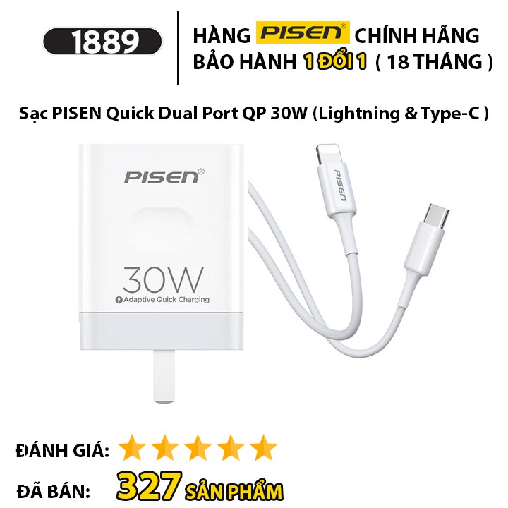 Bộ Sạc Pisen Quick QP 30W 2 cổng 1xUSB 1xType-C (Kèm Cáp Sạc Nhanh Lightning & Type-C 3A)