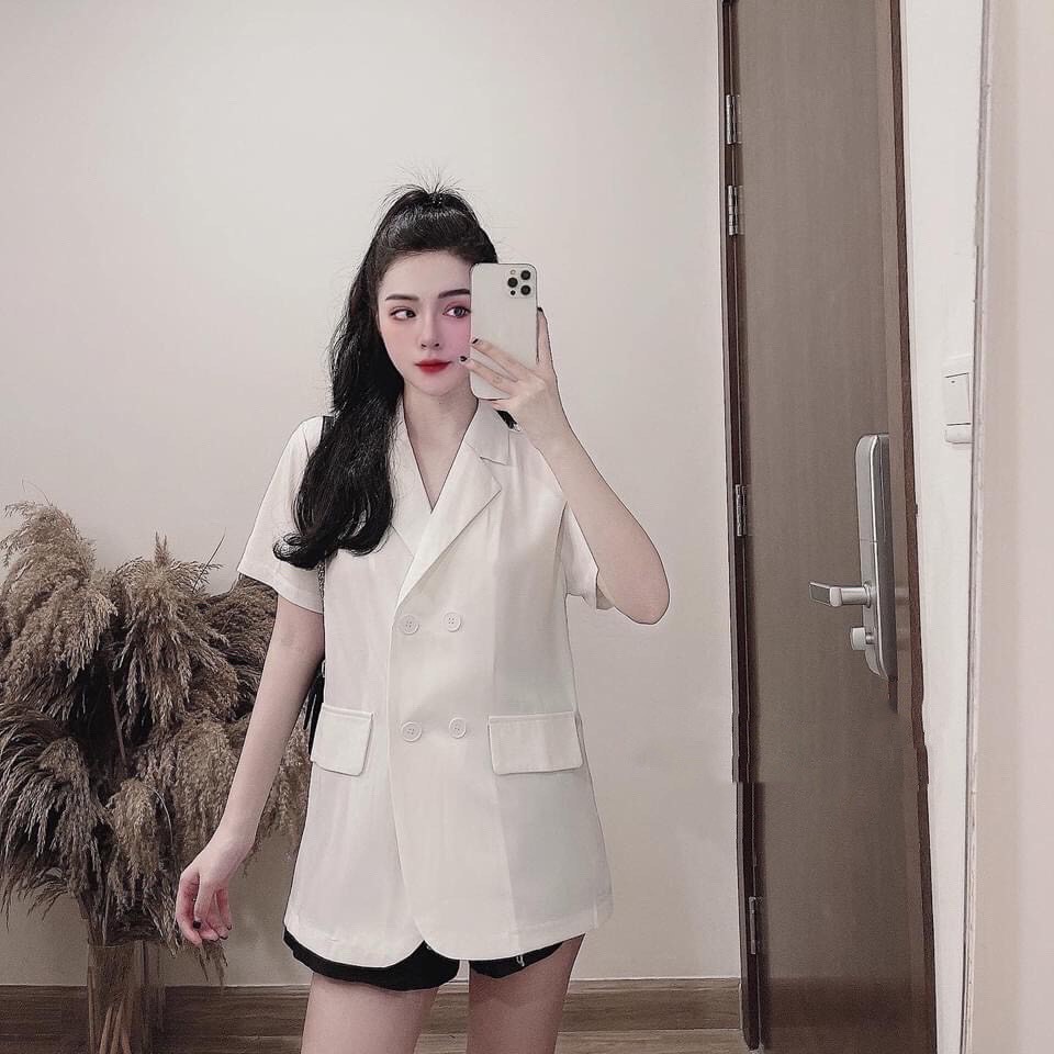 Áo Blazer Cộc Tay Nữ ❤ Vest Cổ Sam Túi Nắp Phối Quần Jeans Trendy Phong Cách