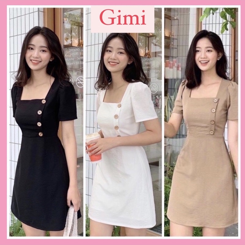 Đầm Cổ Vuông Nút Gỗ Lệch 4 Màu Rêu/kem/đen/trắng xt