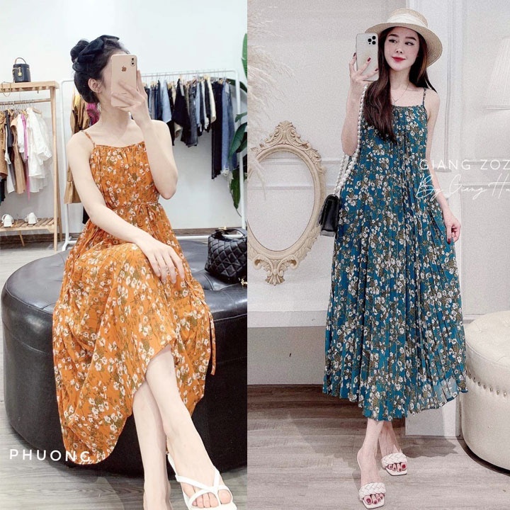 Váy hoa 2 dây dập ly kèm dây buộc eo, vải voan lụa QC, form dài thụng cực xinh - Yubishop YBLMV351