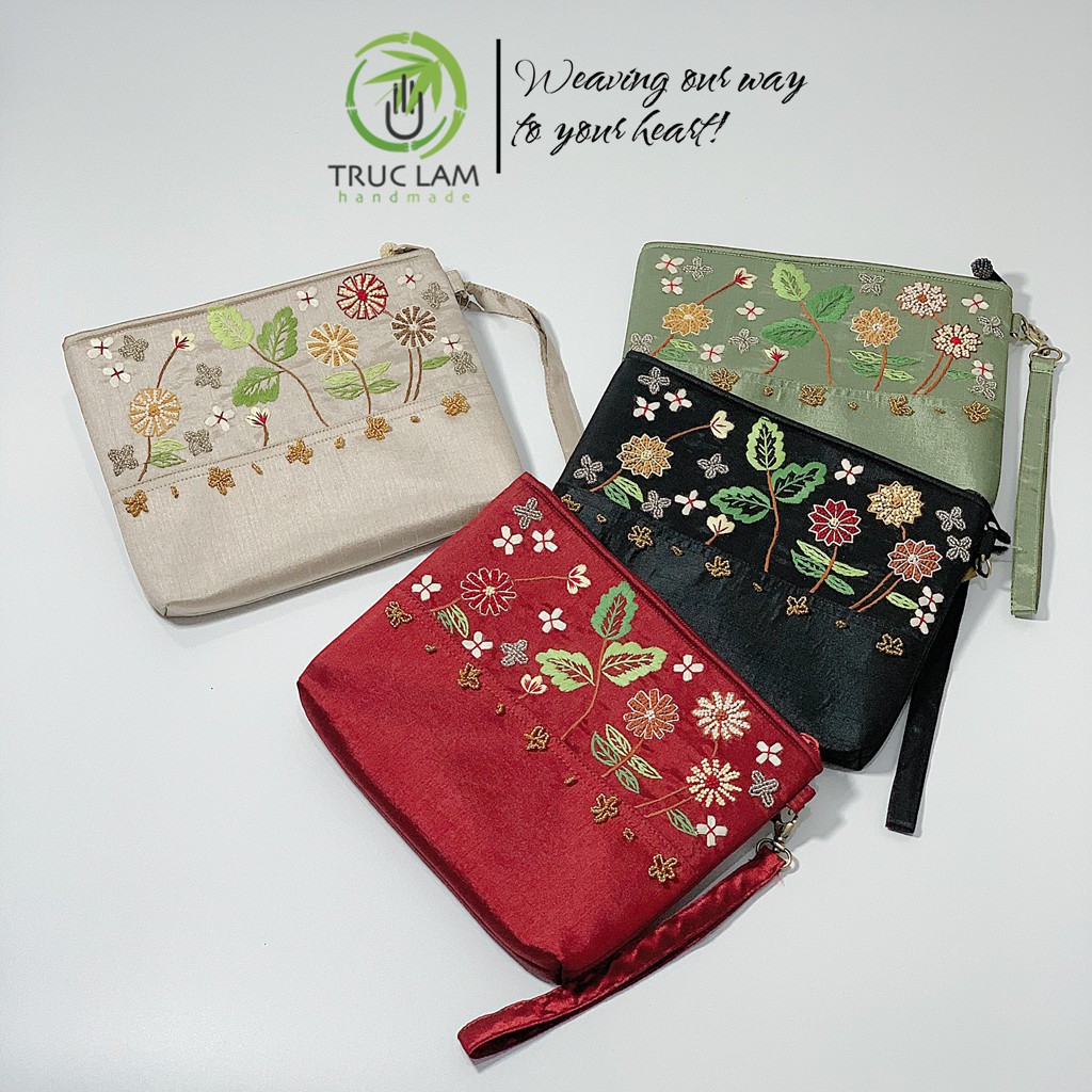 Ví Cầm Tay Đựng Ipad Clutch Vải Tafta Thêu Cành Hoa Hạt Cườm Thủ Công Cỡ Bé - Trúc Lâm Handmade