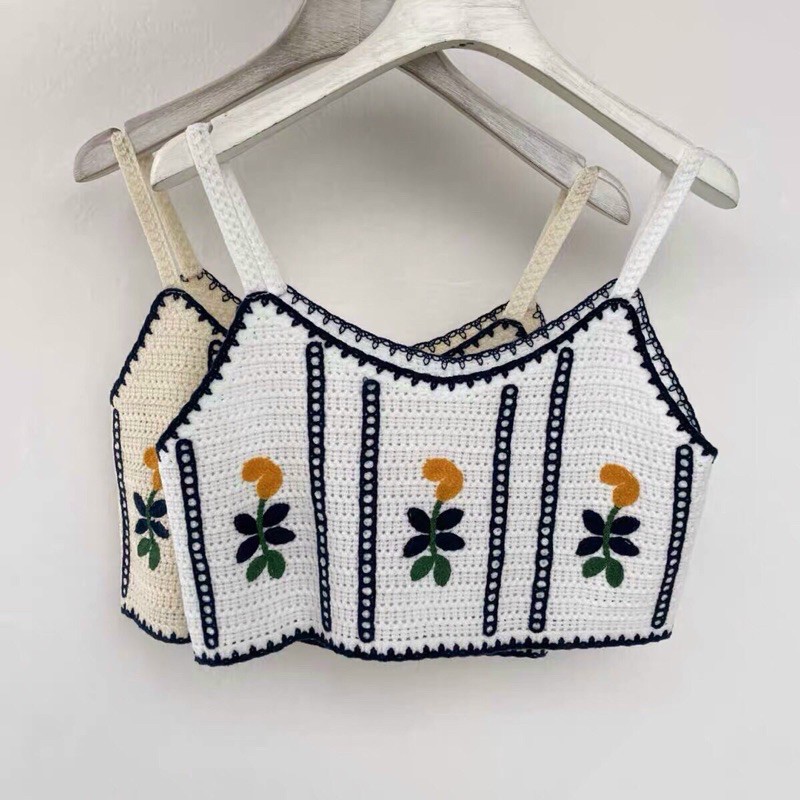 Áo 2 dây len đan thêu hoa croptop cho nữ