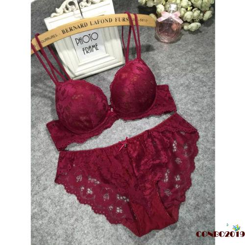 Bộ Đồ Lót 2 Mảnh Phối Ren Hoa Cúp Ngực Lưng Thấp Có Đệm Ngực Và Quần Lót Lưng Thấp Thời Trang Cho Nữ