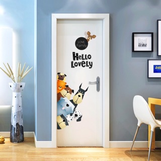 Decanl tranh dán tường Chó đen đen gầu và hội bạn dán cửa Hello lovely