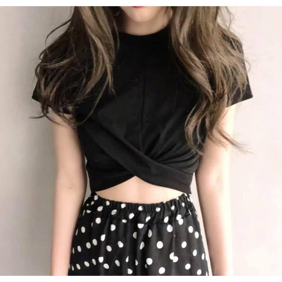 Áo CropTop Nữ Xoắn Eo Kiểu Bó Ôm Body - Áo Thun Nữ Cộc Tay Dáng Ngắn