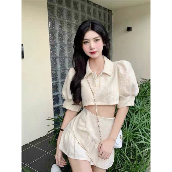 Set áo croptop tay phồng+chân váy vạt chéo xinh xắn phong cách ulzzang sam sam Boutique
