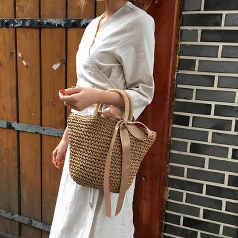 Yogodlns Straw Bags with Ribbons Beach Casual Knitting Tote Women Rattan Woven Shoulder Bags