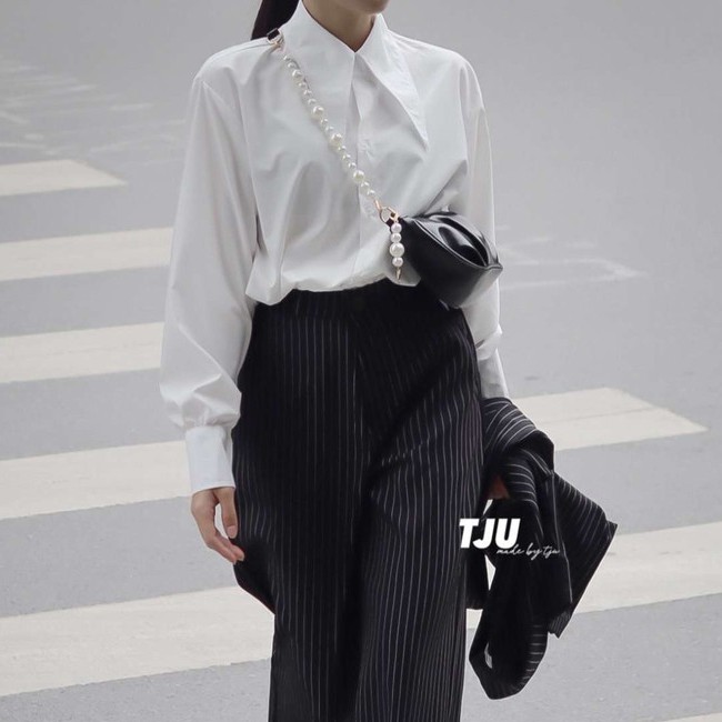 Sơ mi nữ dài tay màu trắng phối đai cổ dài, Sơ mi nữ dài tay phối đai ulzzang, Hàn Quốc, thiết kế T-Ju (somi kelly)