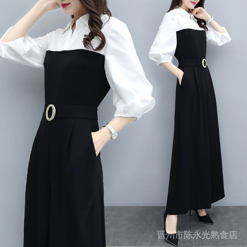 Áo Liền Quần Màu Đen Ống Rộng Thời Trang Xuân Thu Phong Cách Hàn Quốc Cho Nữ