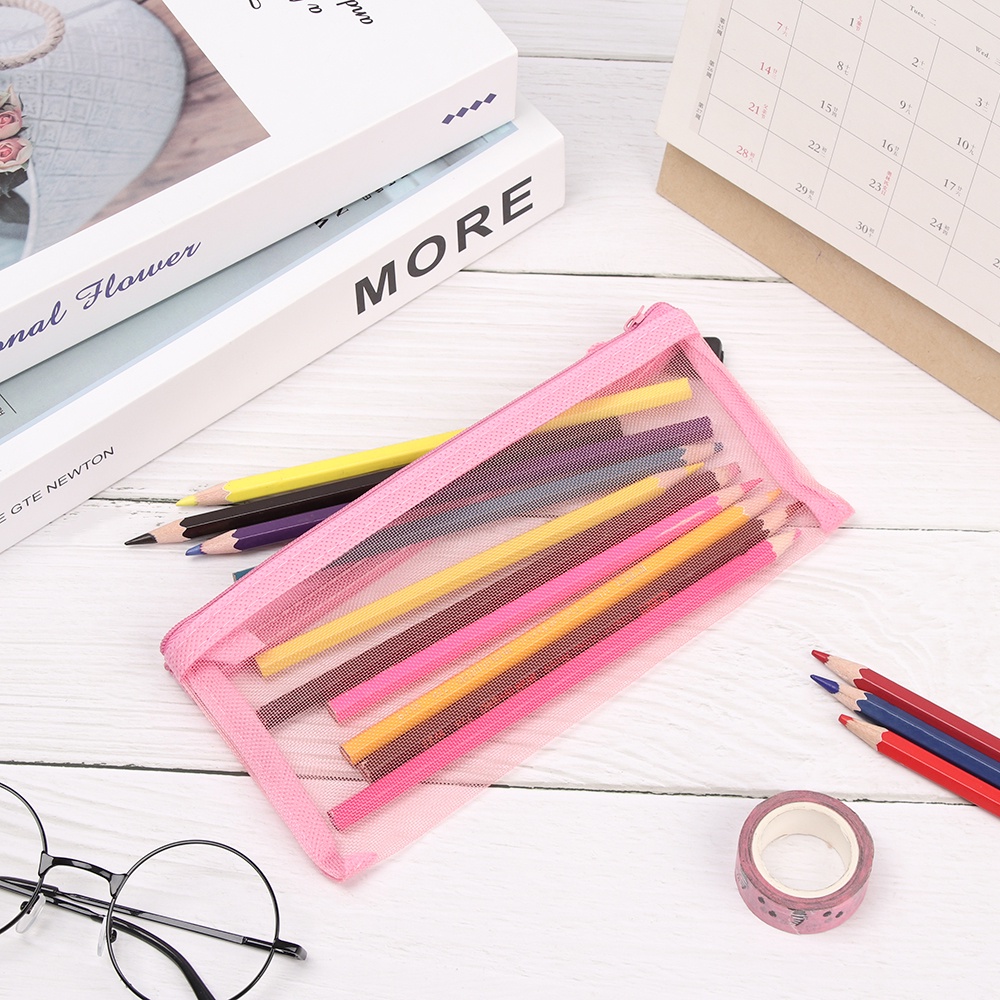 Túi đựng bút/mỹ phẩm bằng lưới nylon màu trơn có dây khóa kéo thời trang