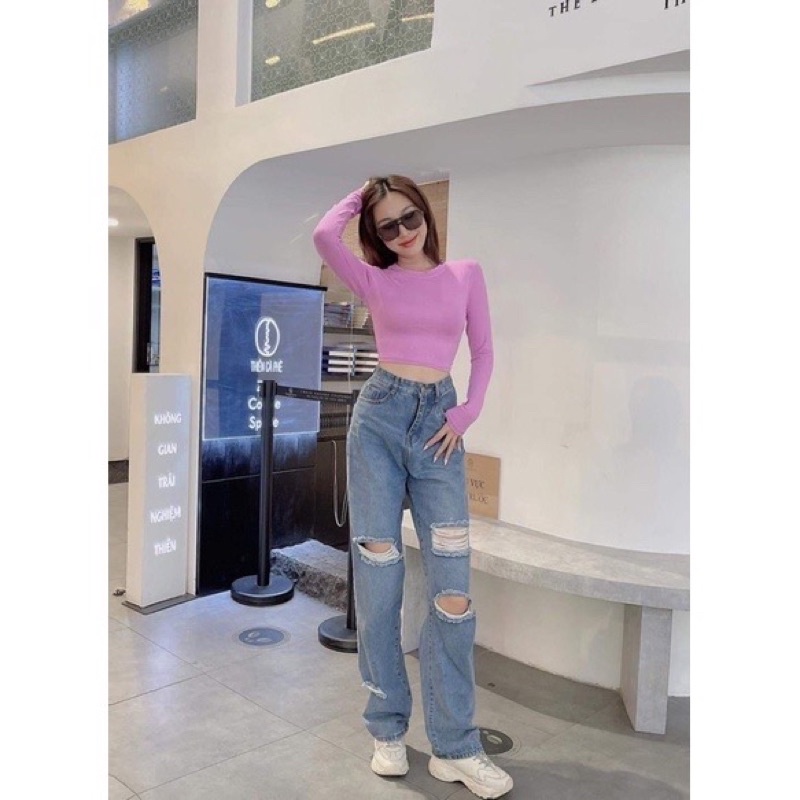 Áo croptop tay dài nữ , chất thun lụa mát dưới 52kg co dãn tốt from body HUYNE Denim
