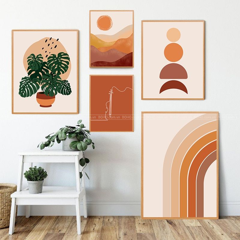 Bộ tranh BOHO trừu tượng treo tường - Tranh canvas trang trí phòng khách phòng ngủ, tặng đinh 3 chân