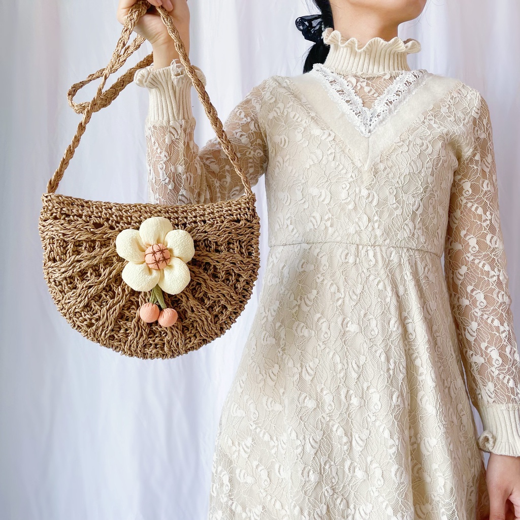 Thời trang mới Túi rơm thủ công Hàn Quốc Túi đeo chéo nữ Túi đeo vai hoa bán nguyệt Túi đi biển mùa hè