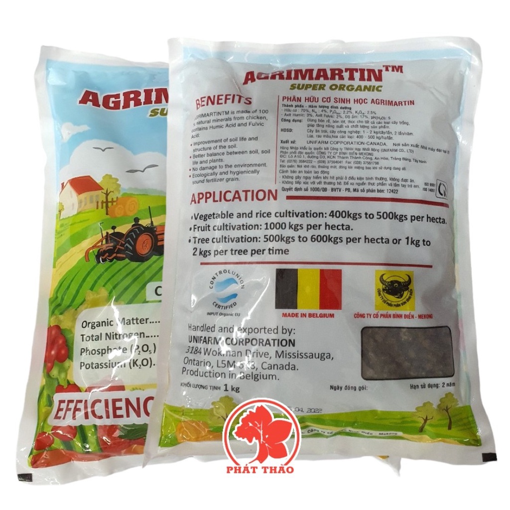 Phân hữu cơ Bỉ Agrimartin gói 1kg, khoáng chất tự nhiên từ gà có cả axit Humic và Fulvic