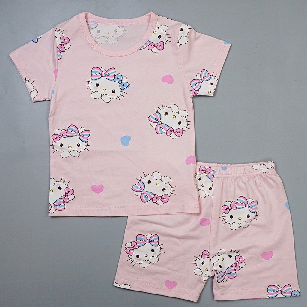 Bộ Quần Áo Trẻ Em Mùa Hè Họa Tiết hello kitty Trắng màu hồng chất liệu cotton cho bé gái