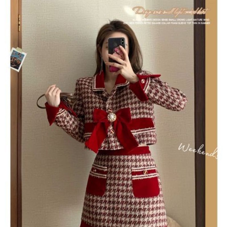 Set Dạ Tweed Kẻ Đỏ Hàng Quảng Châu Cao Cấp Dày Dặn May Sợi Kim Tuyến Lấp Lánh Kèm Nơ