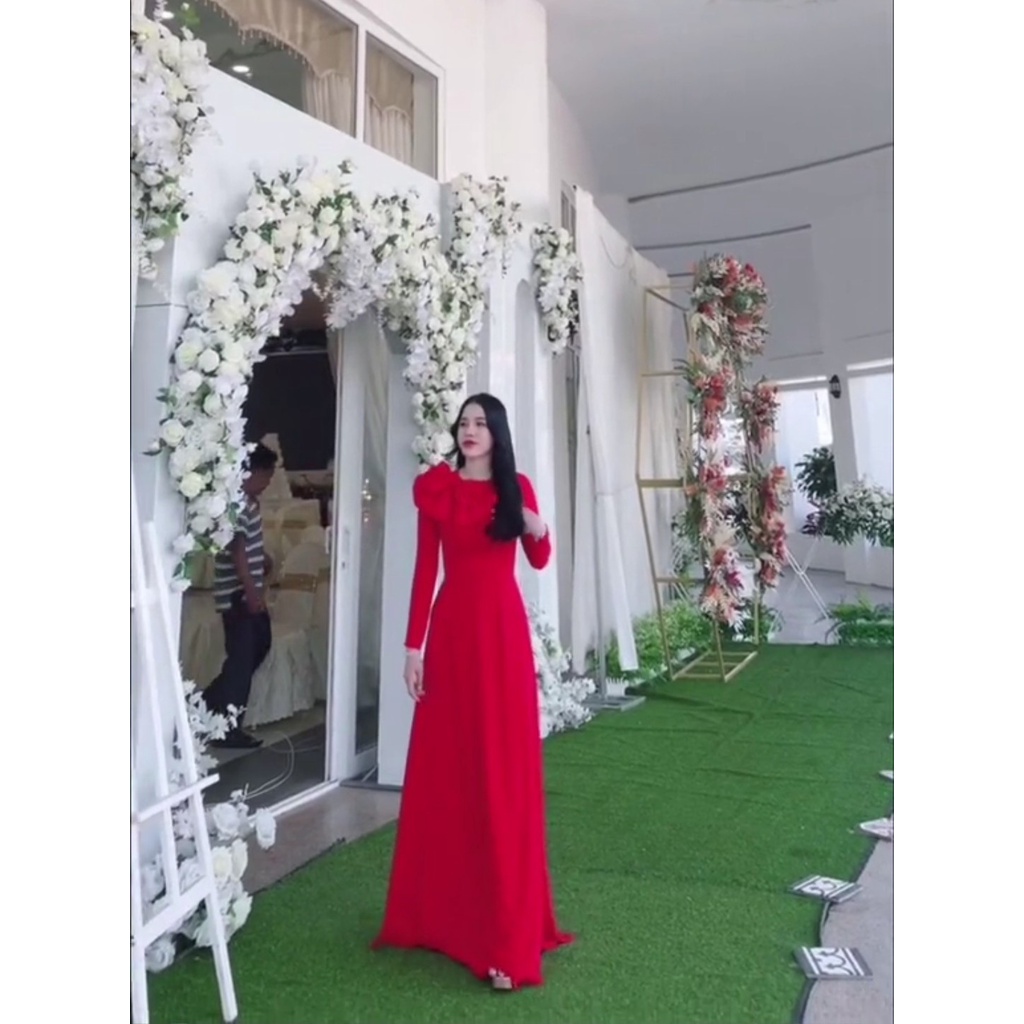 Đủ màu Áo dài màu hồng tay bồng đính nơ tạo điểm nhấn nổi bật - Áo Dài Đan Linh