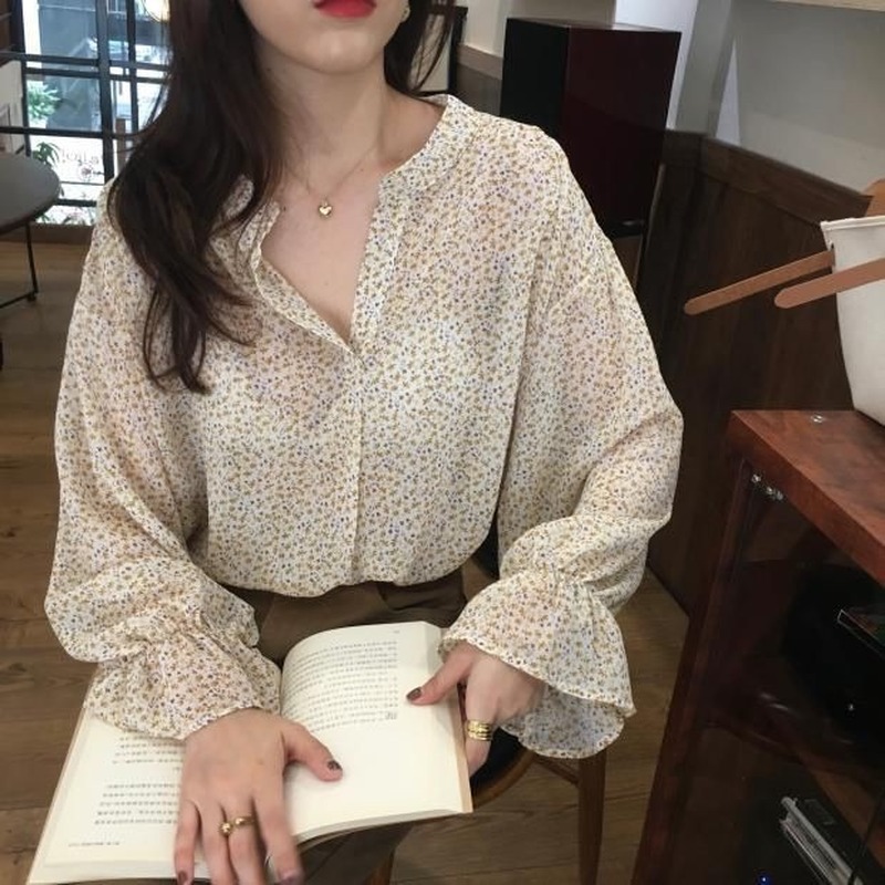 Áo Sơ Mi Chiffon Cổ Chữ V Tay Loe In Hoa Phong Cách Retro